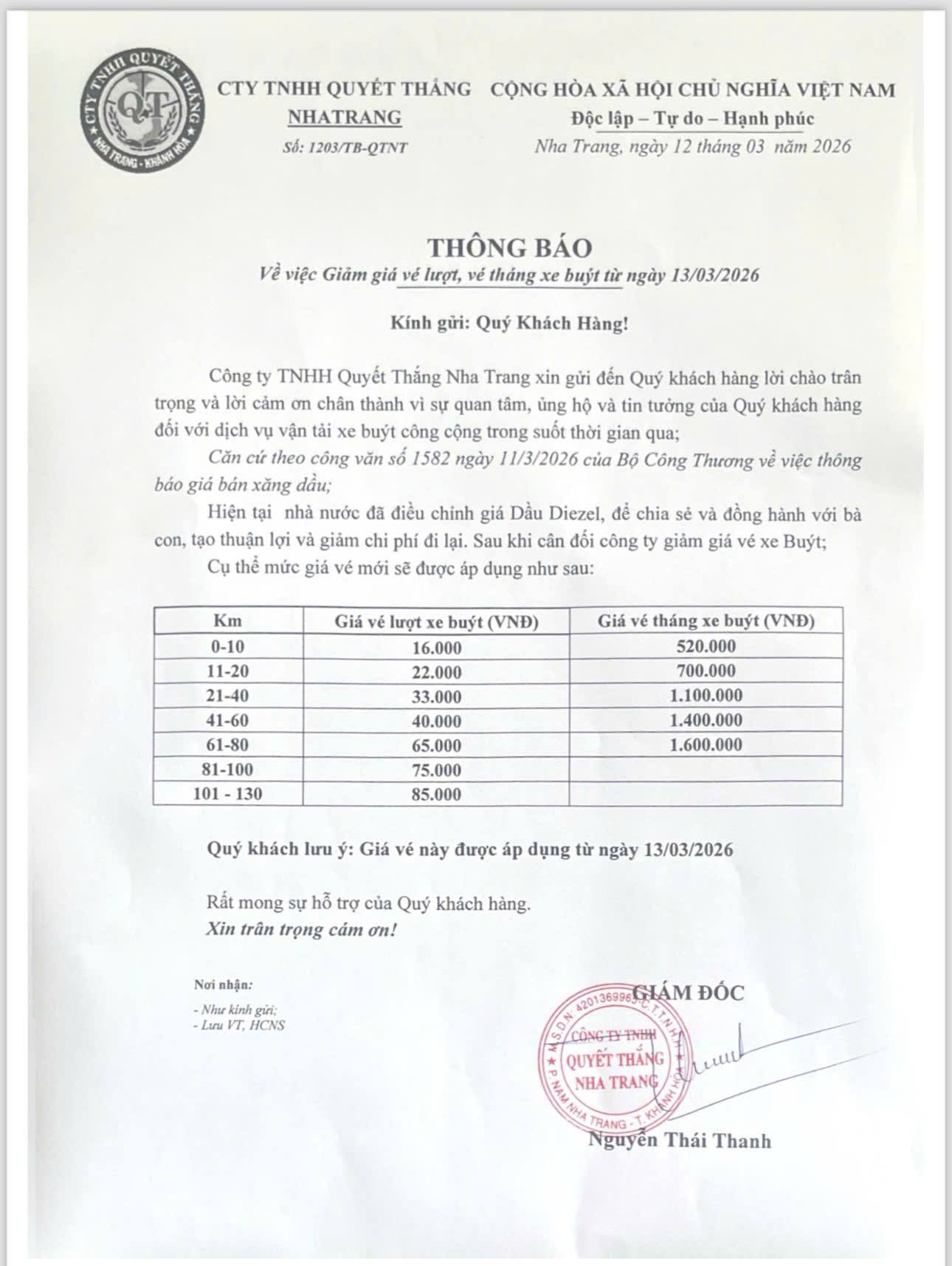 Giá vé xe buýt Quyết Thắng ngày 12/3/2026