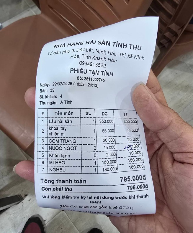 Bill bữa ăn của du khách ngày 22/2/2026