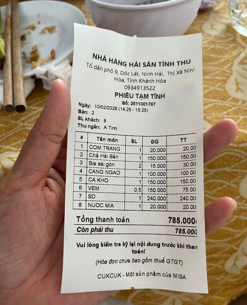 Bill bữa ăn của du khách ngày 10/2/2026