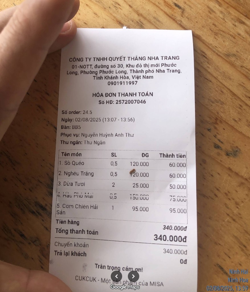 Bill của du khách ngày 2-8-2025 tại Quyết Thắng