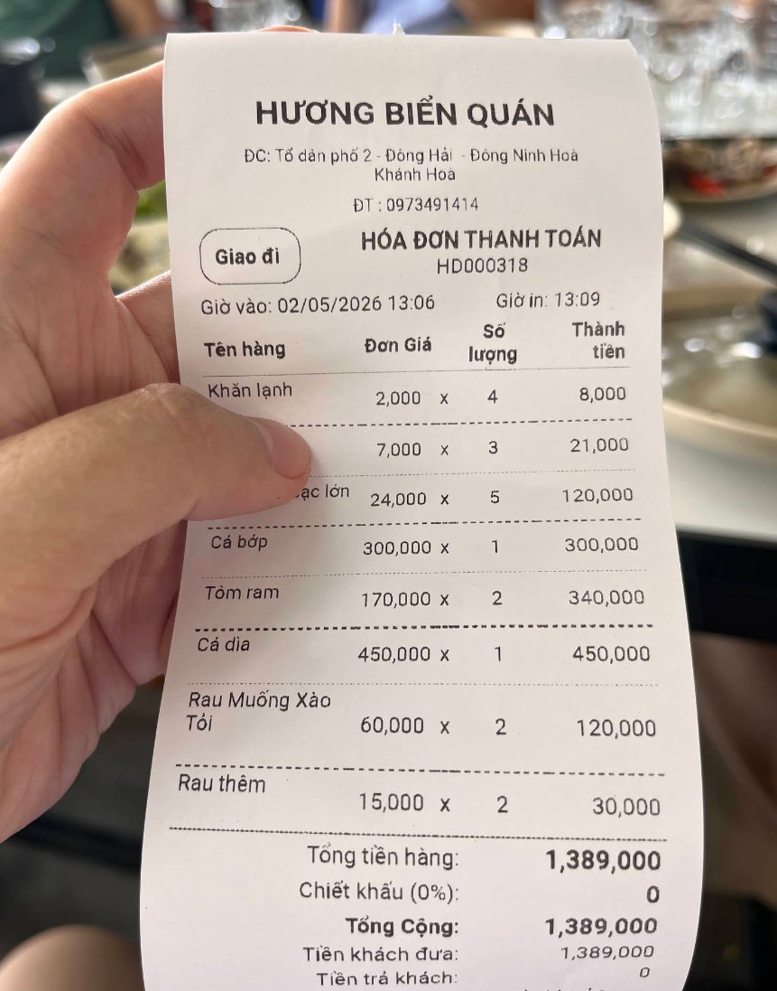 Bill của du khách tháng 5/2026 tại hải sản Hương Biển 1 - Dốc Lết